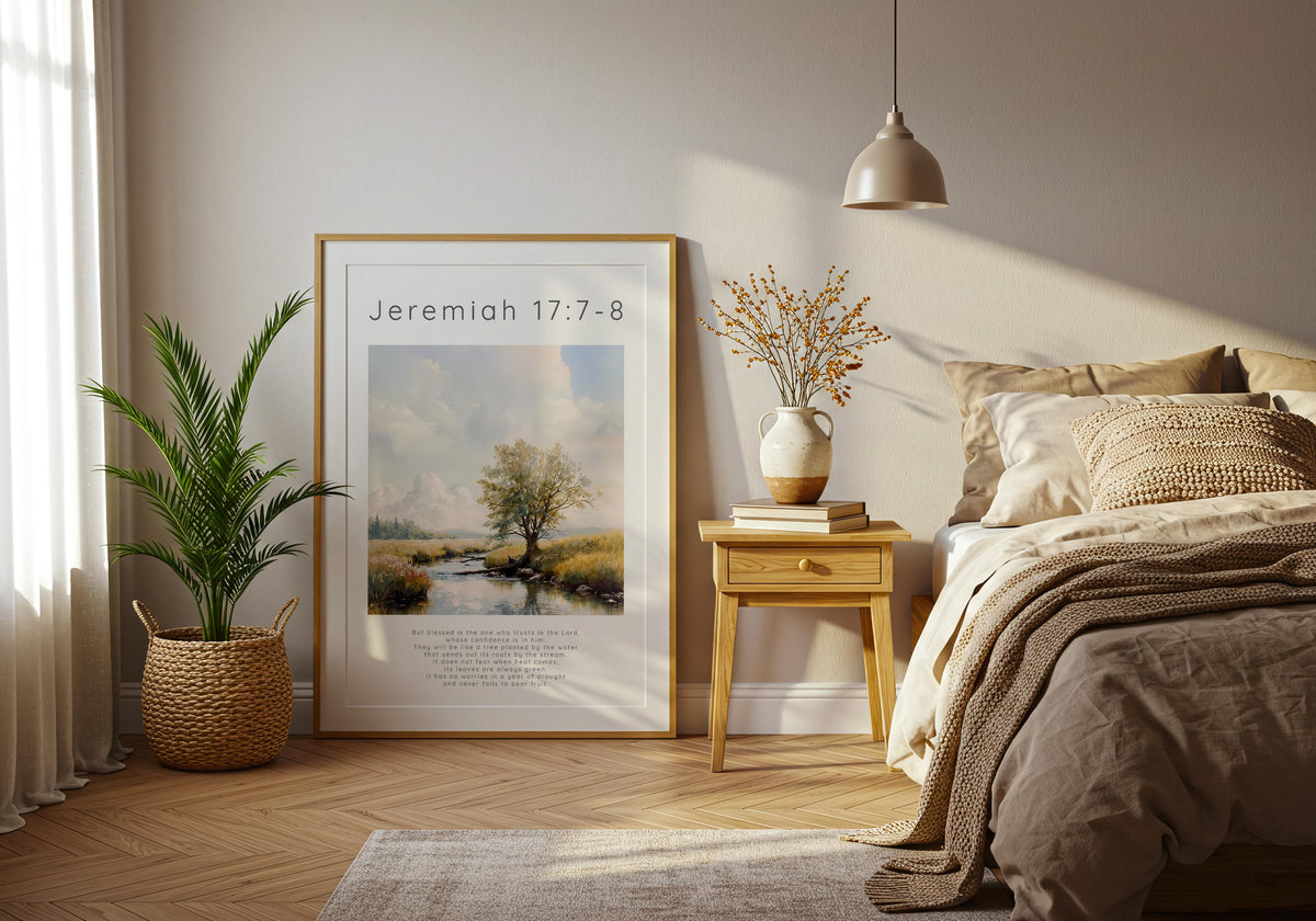 Jeremiah 17:7-8 – Bible verse art showing calm countryside landscape.
