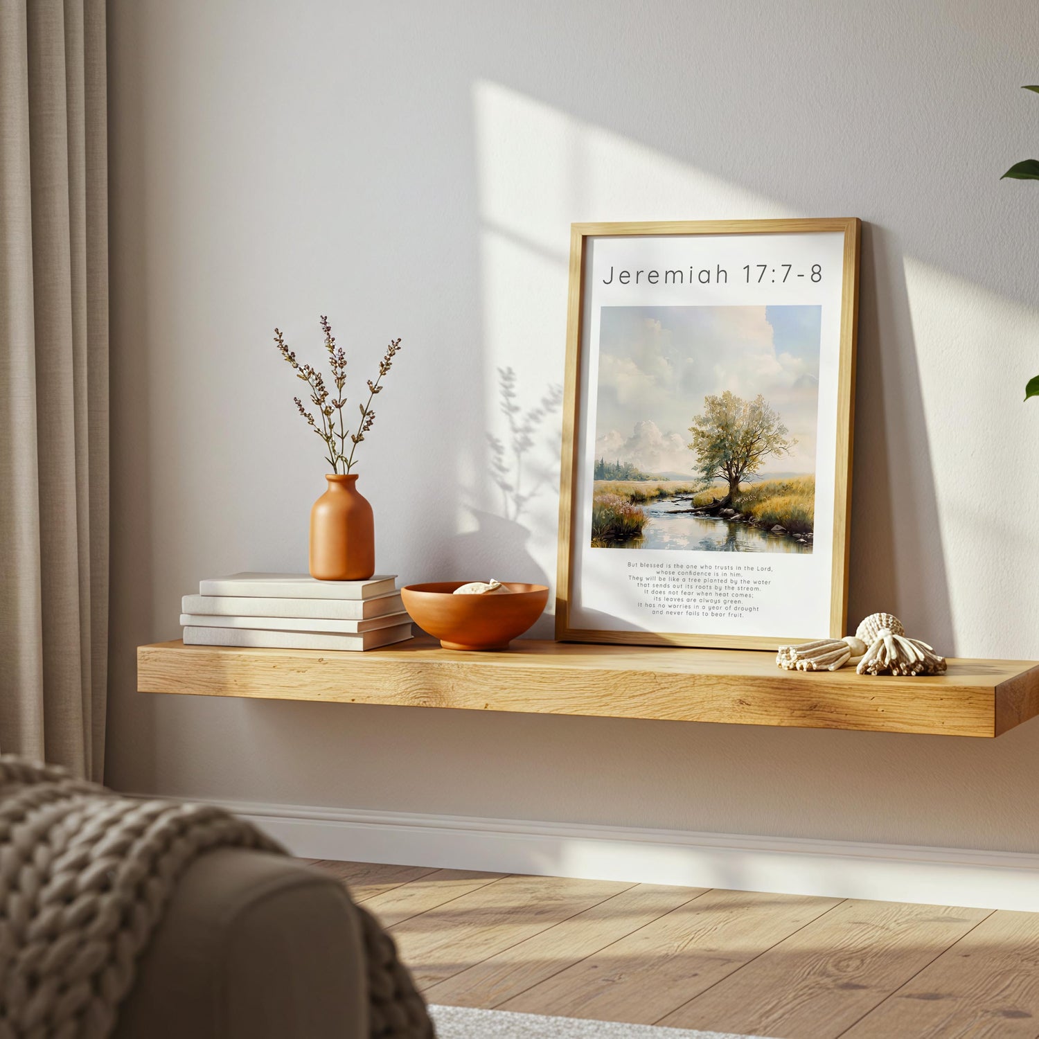 Jeremiah 17:7-8 – Christian landscape print with tree by a peaceful river.