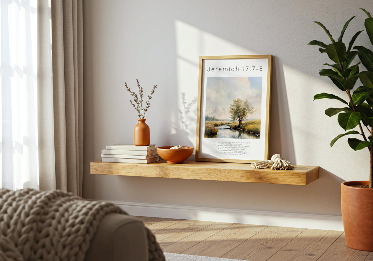 Jeremiah 17:7-8 – Christian landscape print with tree by a peaceful river.