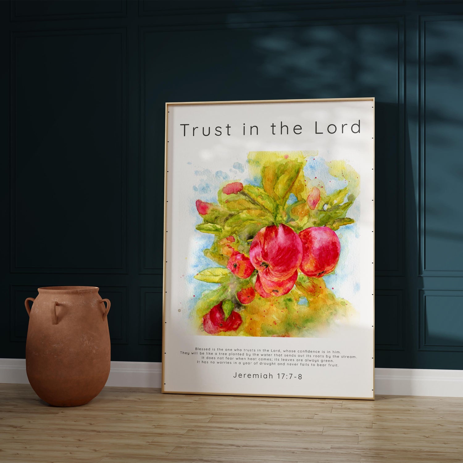 Jeremiah 17:7-8 scripture art, Trust in the Lord watercolour print, Apple tree painting with Bible verse, kitchen decor