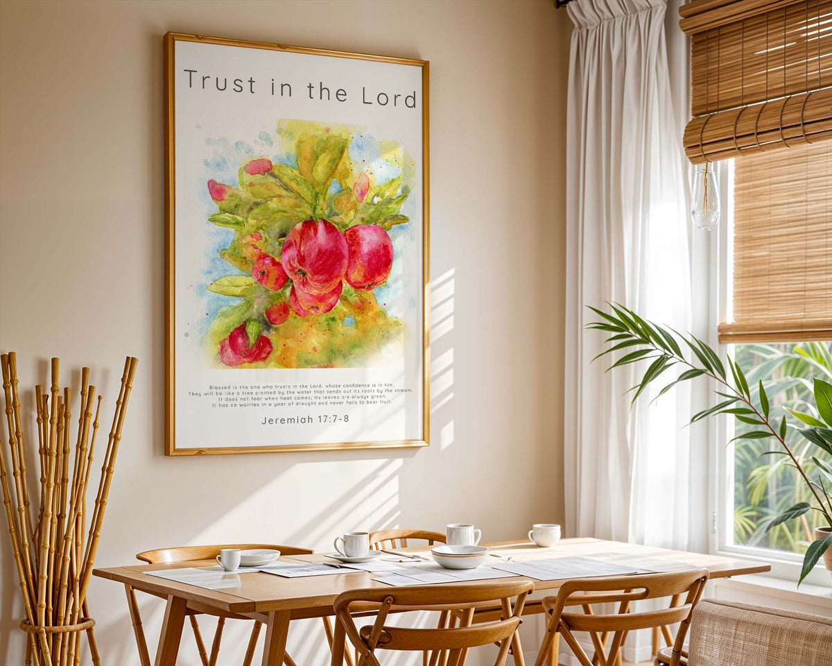 Jeremiah 17:7–8 – Bible verse artwork with flourishing apple tree and Christian scripture.