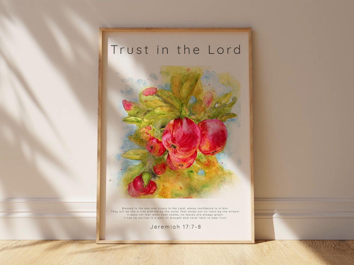 Vibrant fruit tree scripture print, Encouraging verse artwork for home, Serene apple tree watercolour painting