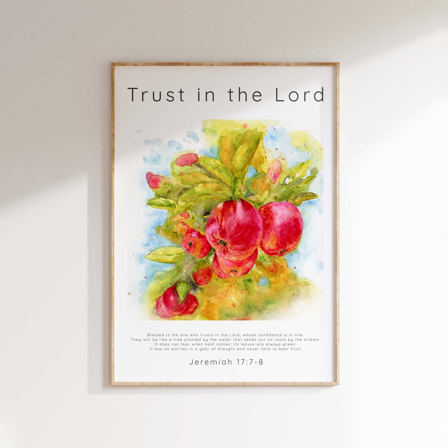 Trust in the Lord Christian Wall Art print Jeremiah 17 7 8 Scripture, apple tree watercolour print, apple orchard art