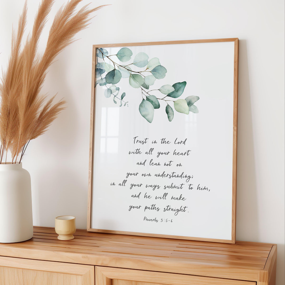 Proverbs 3:5–6 – Christian wall art with green leaf botanical design and Bible verse about trusting the Lord and God’s guidance.