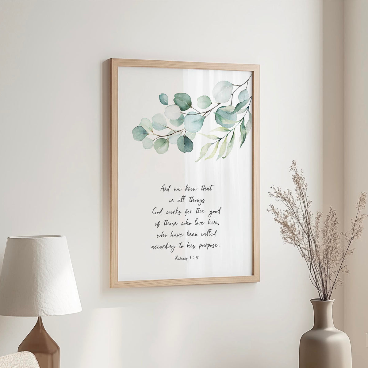 Romans 8:28 – Christian wall art with green leaf botanical design and Bible verse about God working all things for good.
