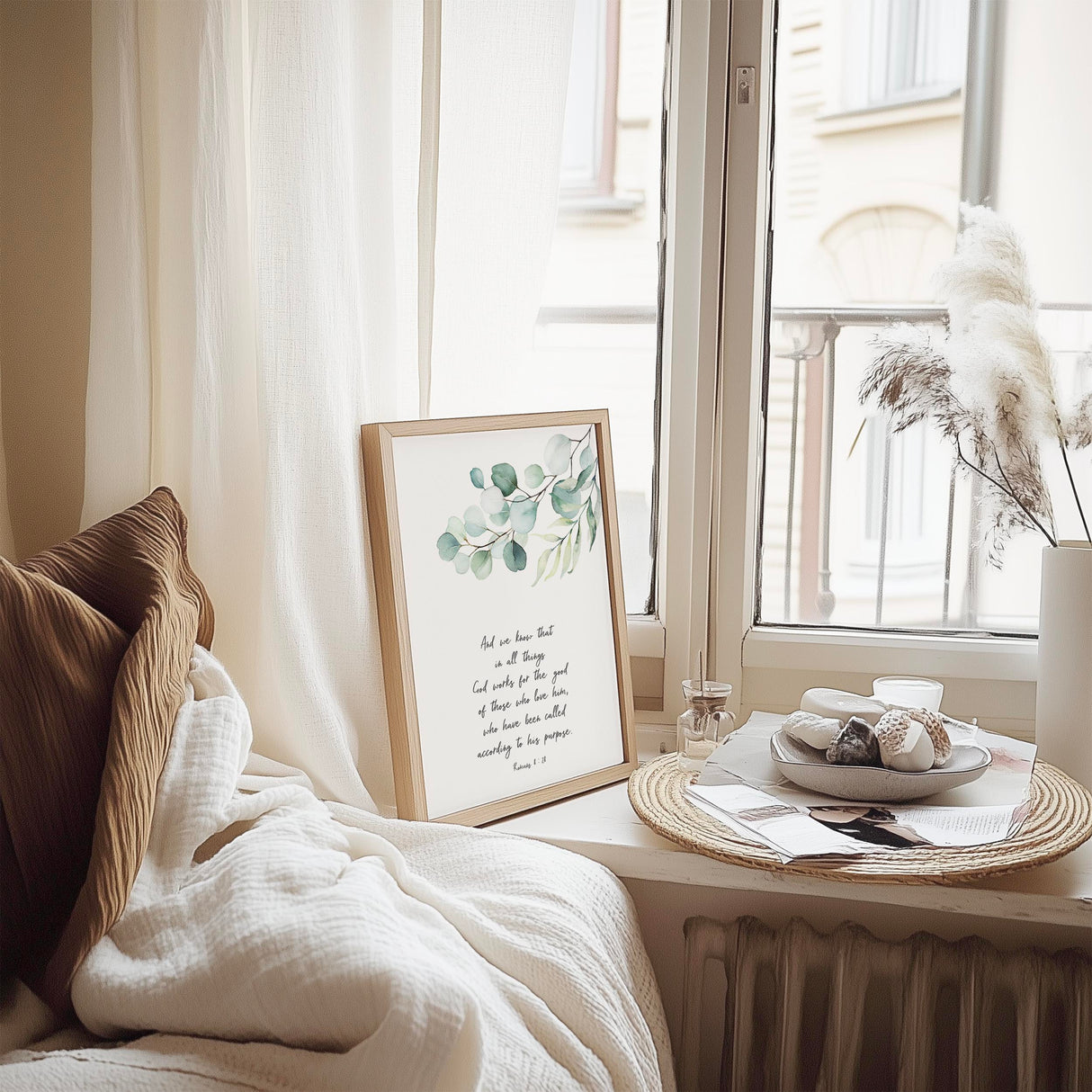 Romans 8:28 – Bible verse print featuring botanical leaves and scripture offering reassurance, faith and trust in God’s purpose.