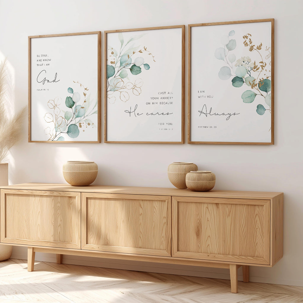 1 Peter 5:7 - Comforting Christian wall art print with soft green botanical leaves, cast all your anxiety scripture decor.