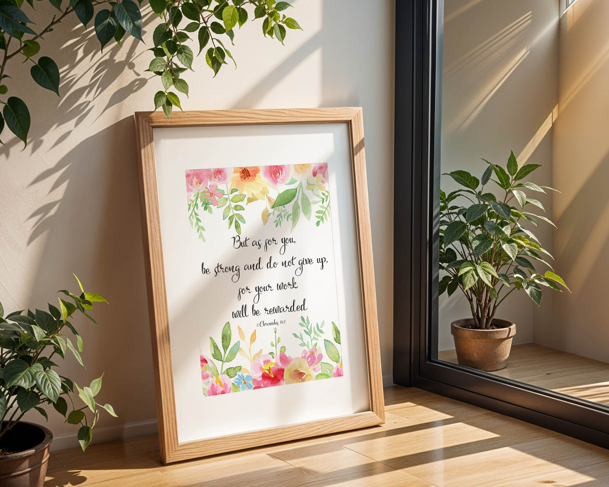 Vibrant botanical Bible verse print offering strength and motivation.