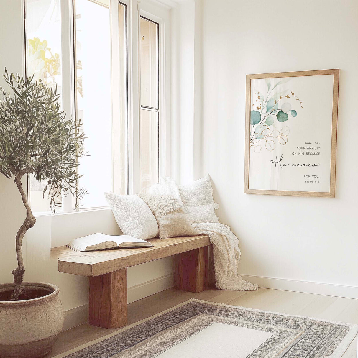 1 Peter 5:7 – Bible verse print featuring calming green leaves and scripture encouraging trust in God’s care and peace.