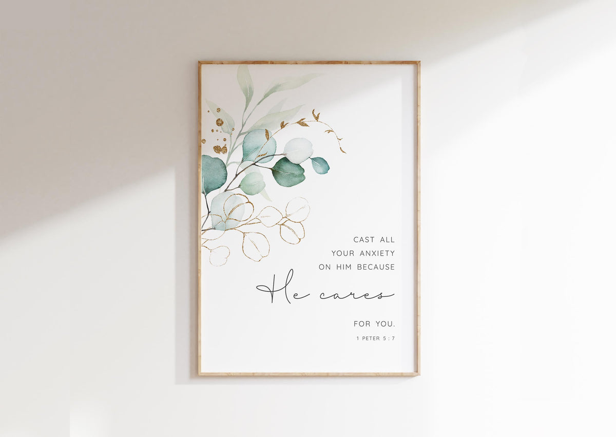 1 Peter 5:7 – Scripture wall art with green botanical illustration and Bible verse about God’s care and reassurance.
