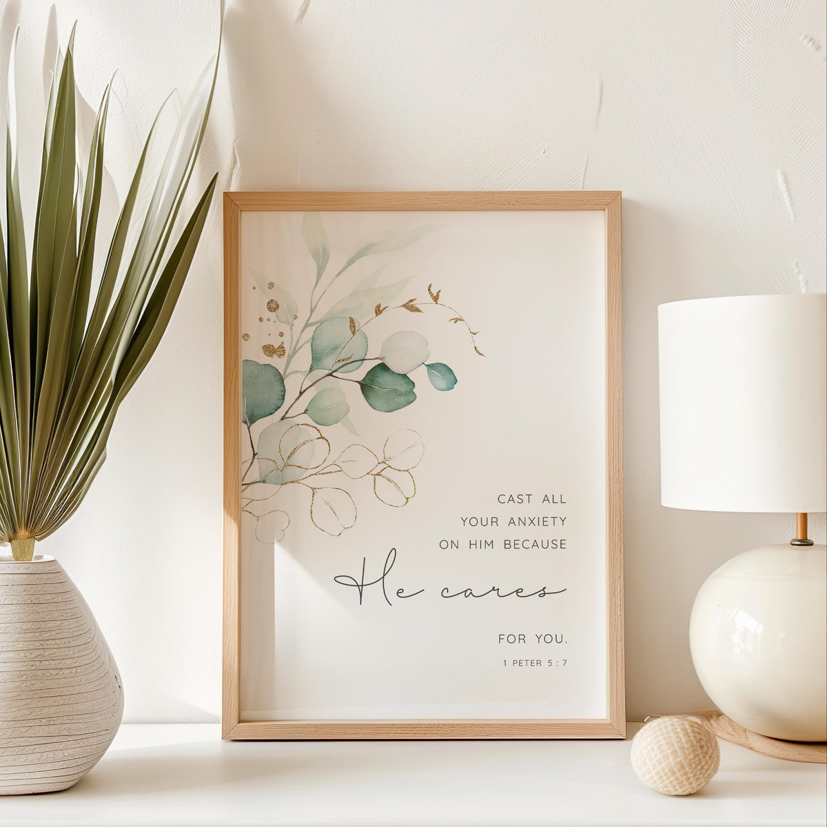 1 Peter 5:7 – Minimalist Christian wall art with green leaf botanical design and comforting Bible verse about casting anxiety on God.