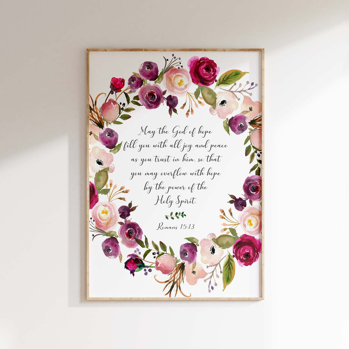 May the God of Hope Print, Floral Romans 15:13 Christian Wall Art, Inspirational Bible verse print with floral wreath