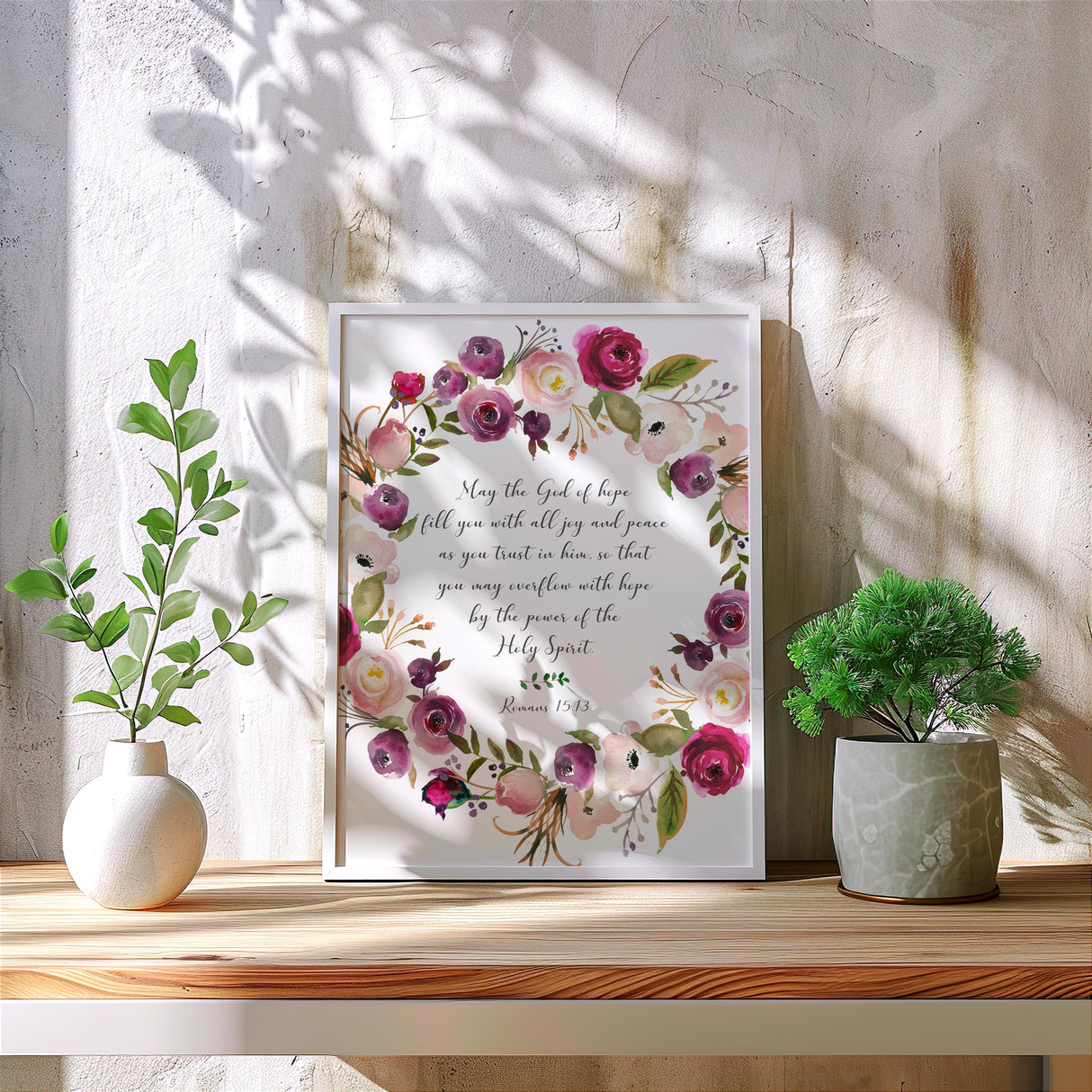 Romans 15:13 - May the God of hope Christian wall art with red burgundy floral wreath, Bible verse faith decor.
