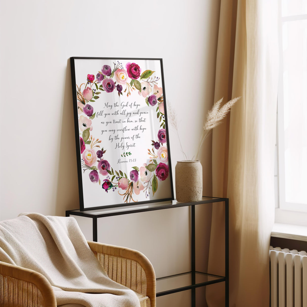 Romans 15:13 - Christian wall art print with may the God of hope scripture and red floral wreath design.