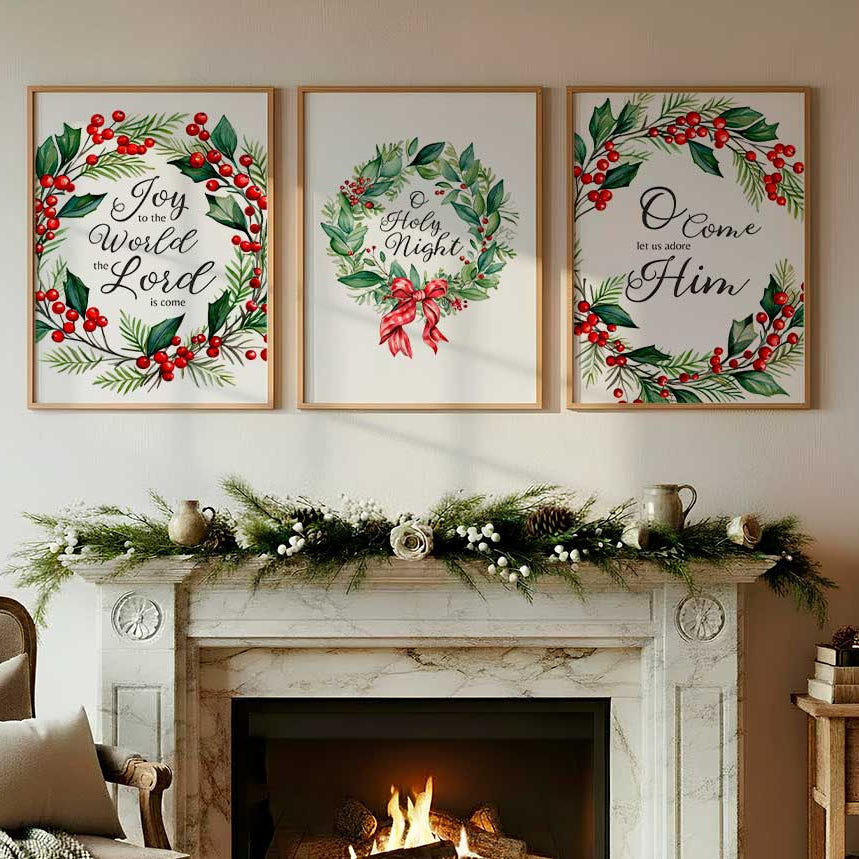 Christmas wreath print set featuring lines from traditional carols. Three Christmas carol prints surrounded by festive wreaths