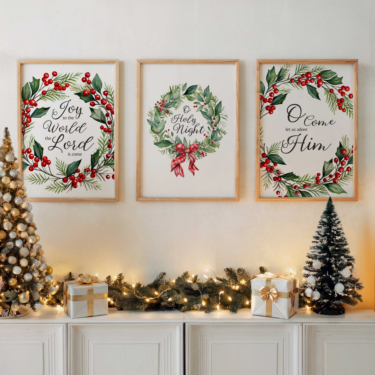 Christmas wreath print set featuring lines from traditional carols. Three Christmas carol prints surrounded by festive wreaths