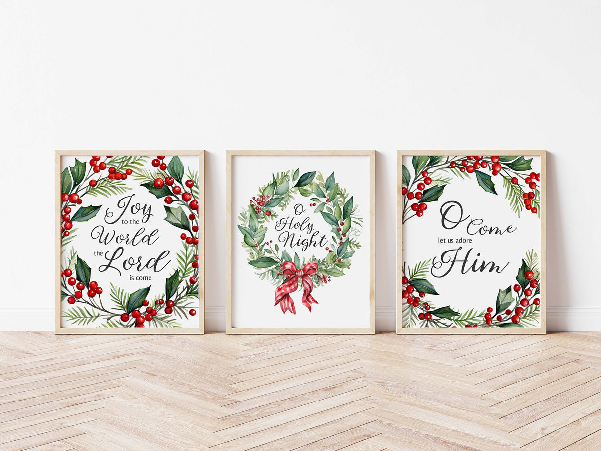 Traditional Christmas carol print set with holly and berry wreaths. Decorative prints featuring carol lyrics encircled by holiday wreaths.