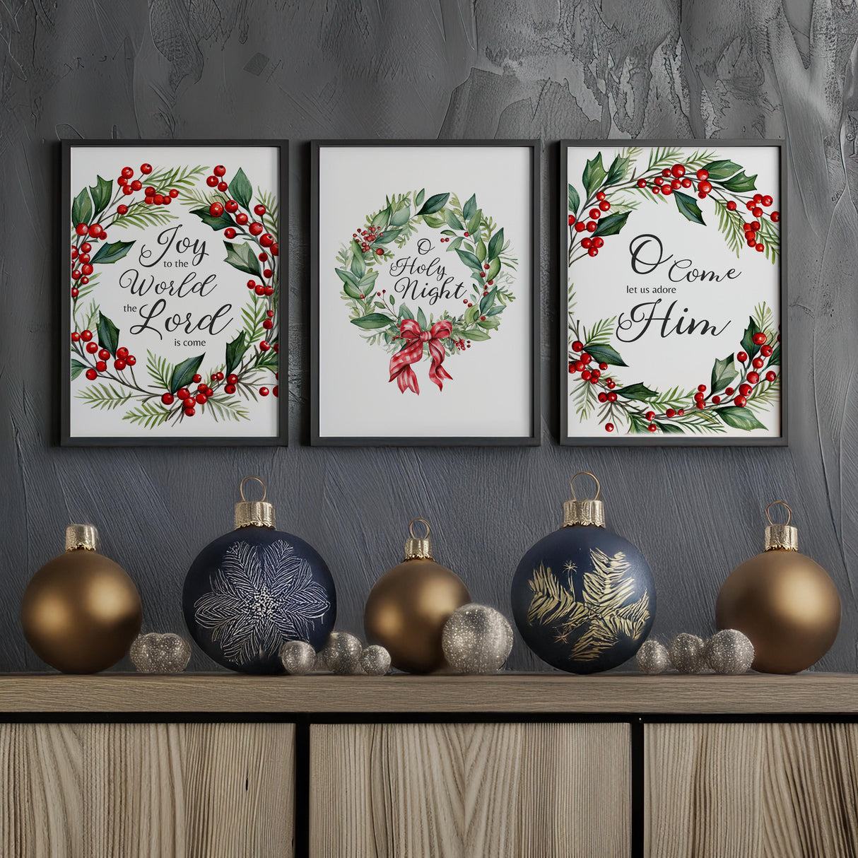 O Holy Night festive wreath art print with holly and berries.