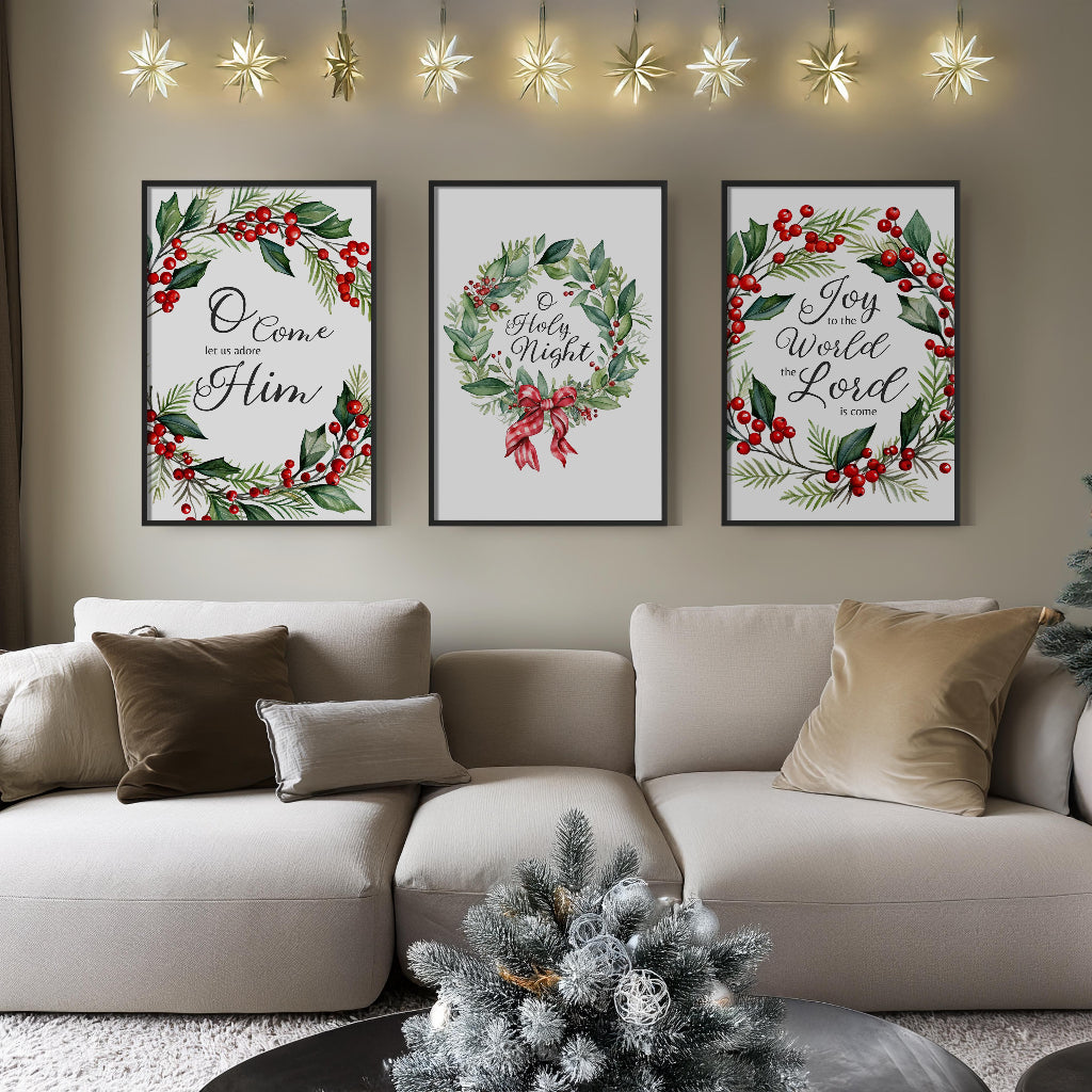Joy To The World Christmas wreath print wall art.