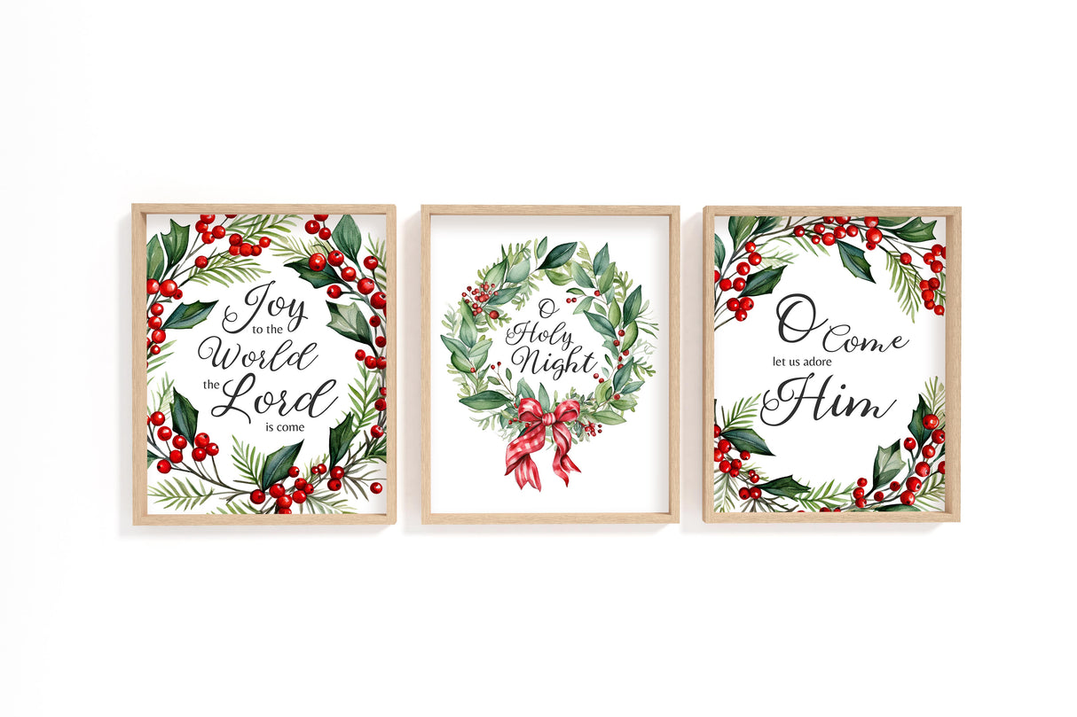 Christmas Carol Wreath Print Set – Christian Christmas wall art set of three with festive wreaths and classic carol lyrics.