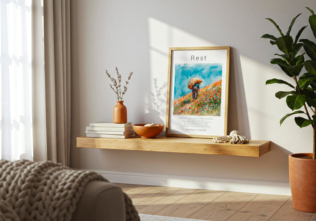Matthew 11:28-30 - Faith wall art displaying hillside scene with vibrant florals and rest for your souls scripture.