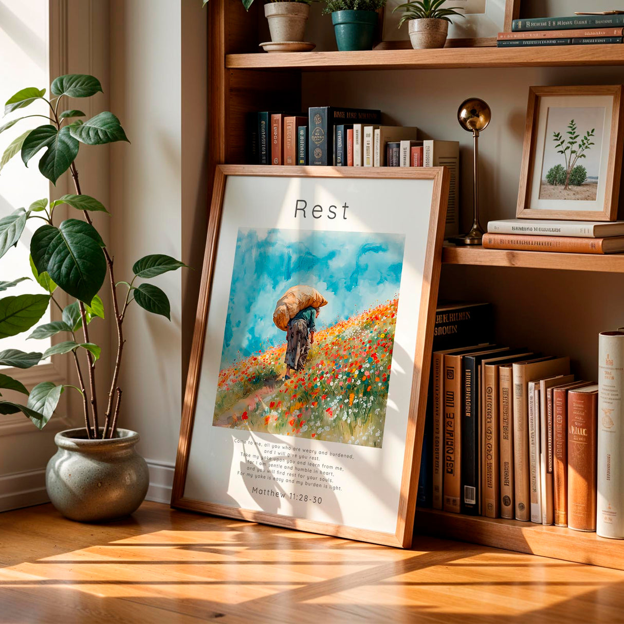 Matthew 11:28-30 - Christian home decor print showing figure with burden surrounded by orange and red wildflowers.