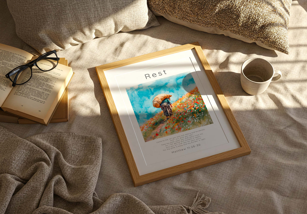 Matthew 11:28-30 - Christian wall art print with figure carrying burden through wildflower field and Come To Me scripture.