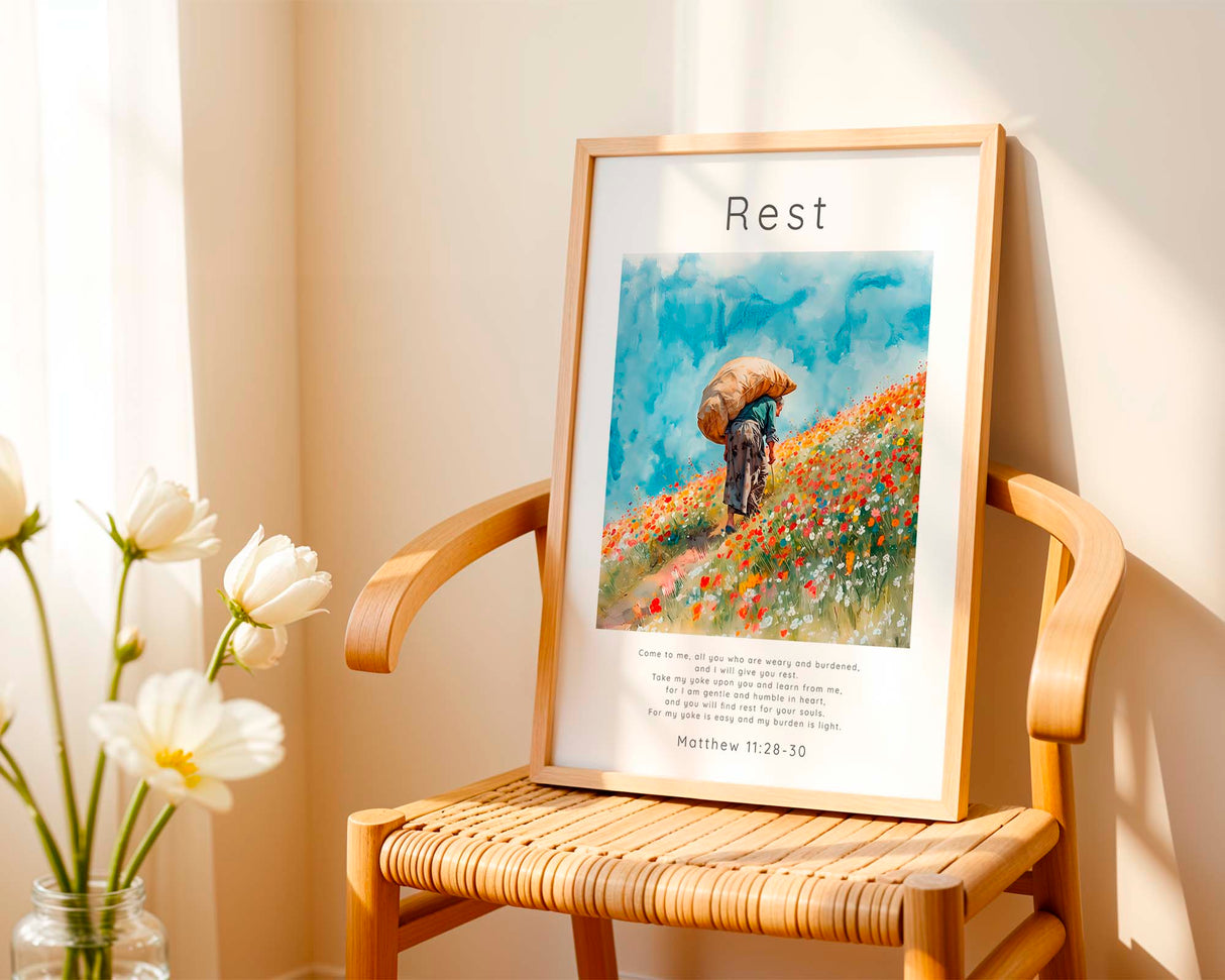 Matthew 11:28-30 - Bible verse print featuring person on hillside with colorful flowers and I will give you rest text.