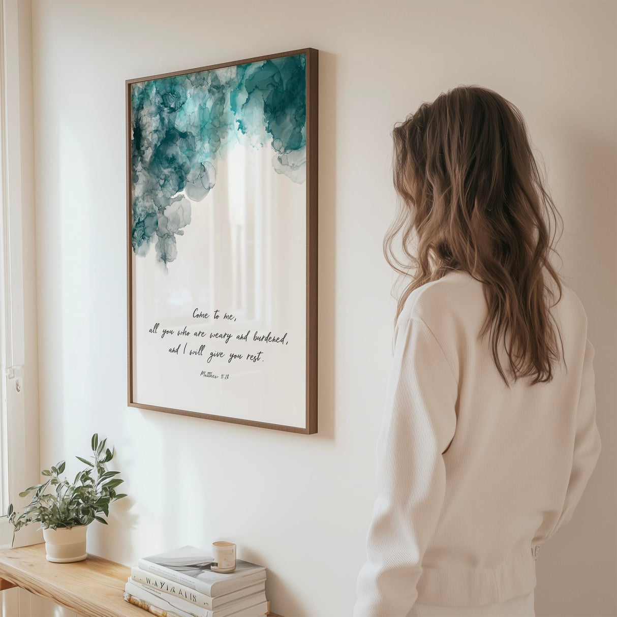 Matthew 11:28 – Christian wall art print featuring come to me scripture with abstract turquoise ink, faith home decor.