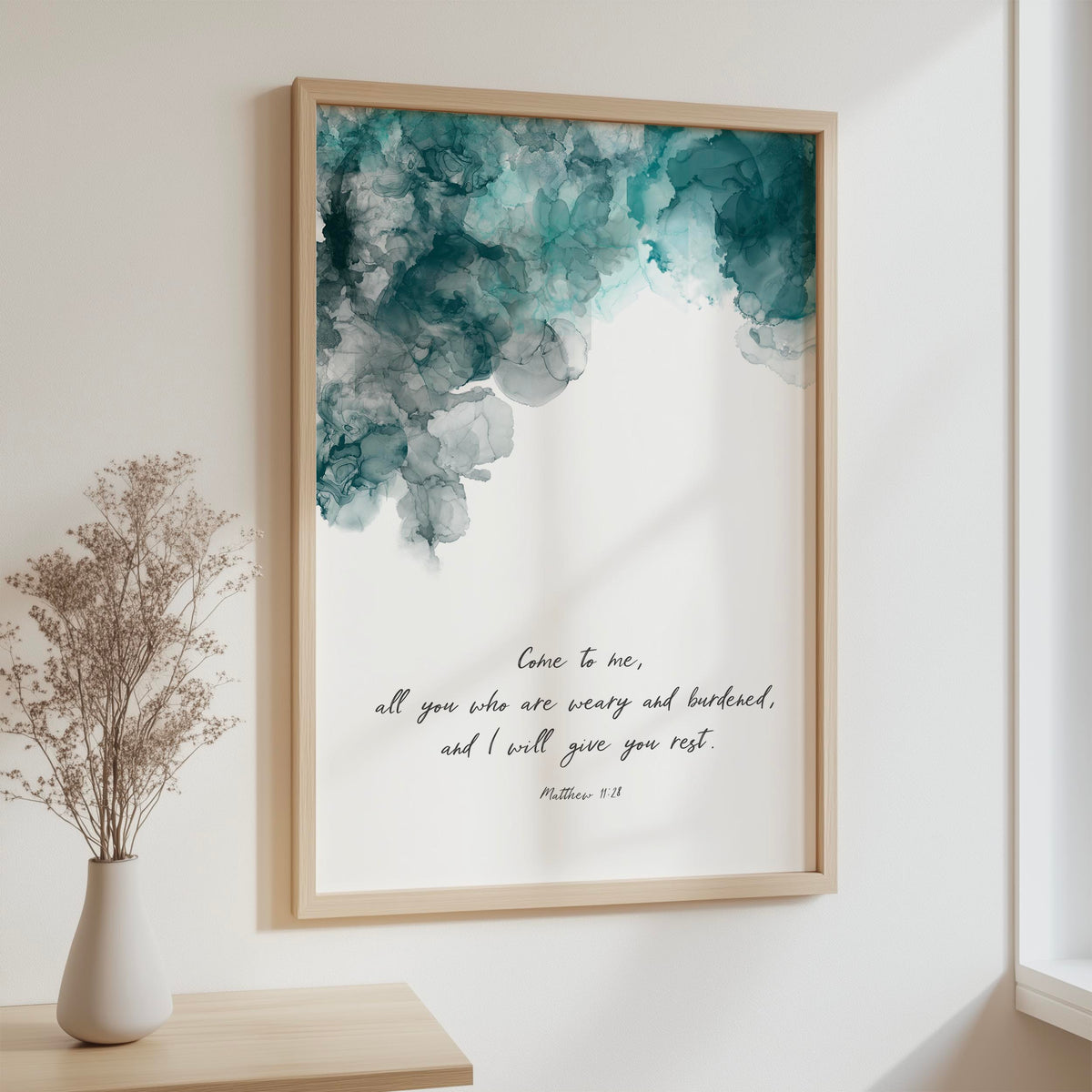 Matthew 11:28 – Come to me Christian wall art print with turquoise and black ink design, Bible verse home decor.