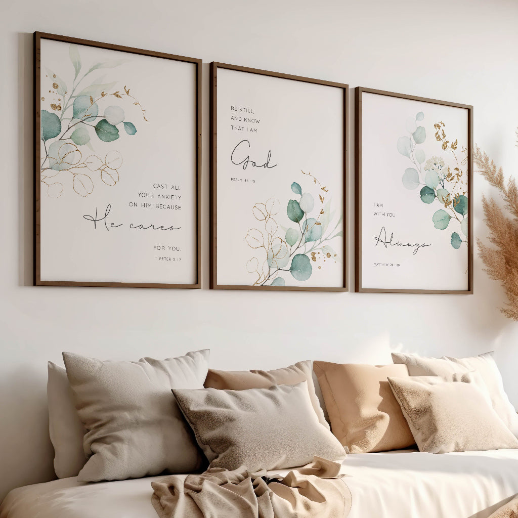 Matthew 28:20 - Comforting Christian wall art with minimalist green botanical design, I am with you always Bible verse decor.