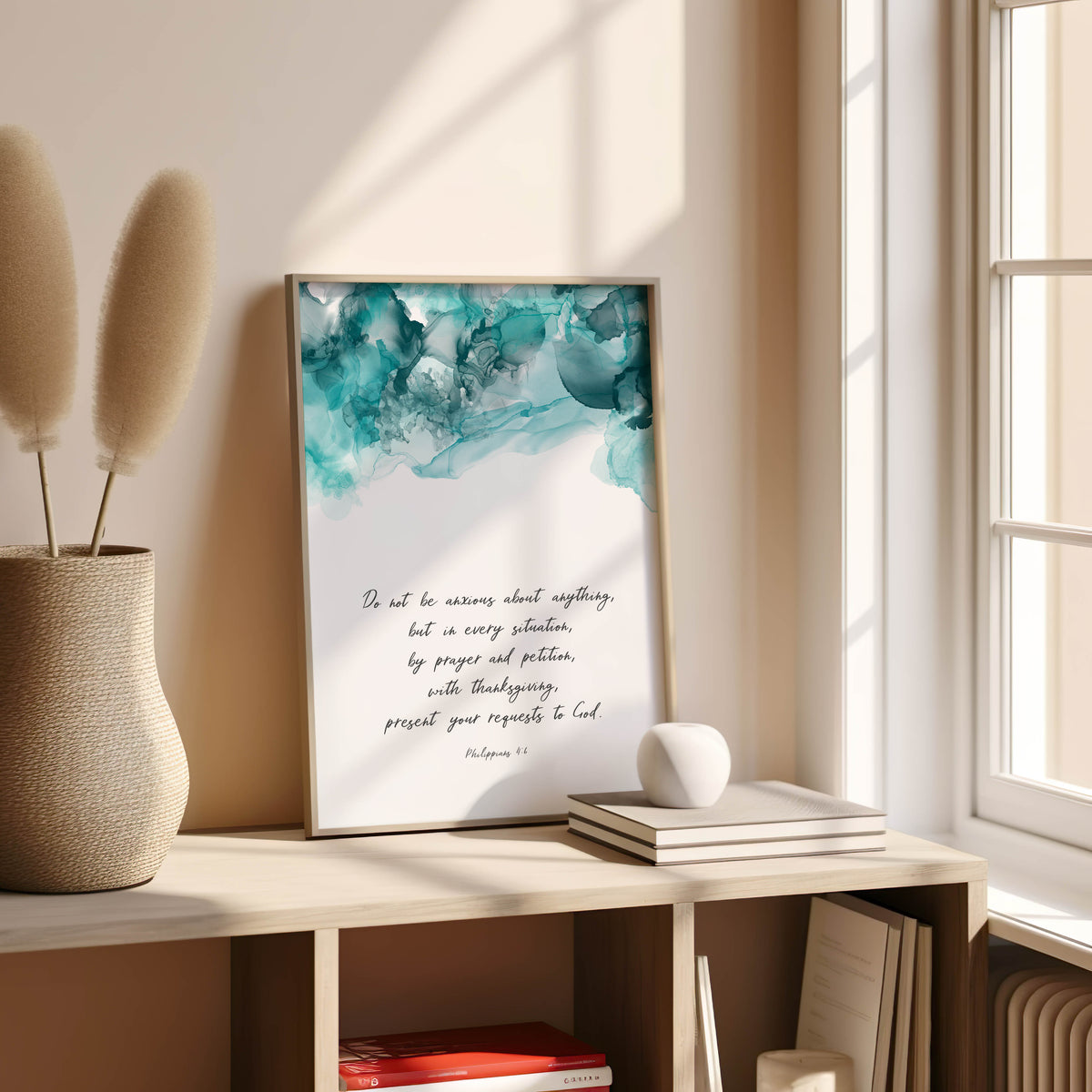 Faith inspired wall art with turquoise and black ink border design.