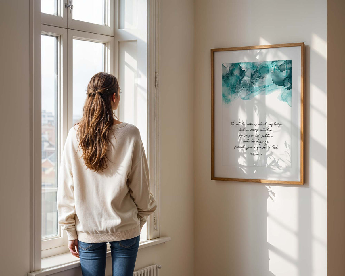 Do Not Be Anxious Philippians 4:6 Bible verse wall art print with turquoise abstract border.