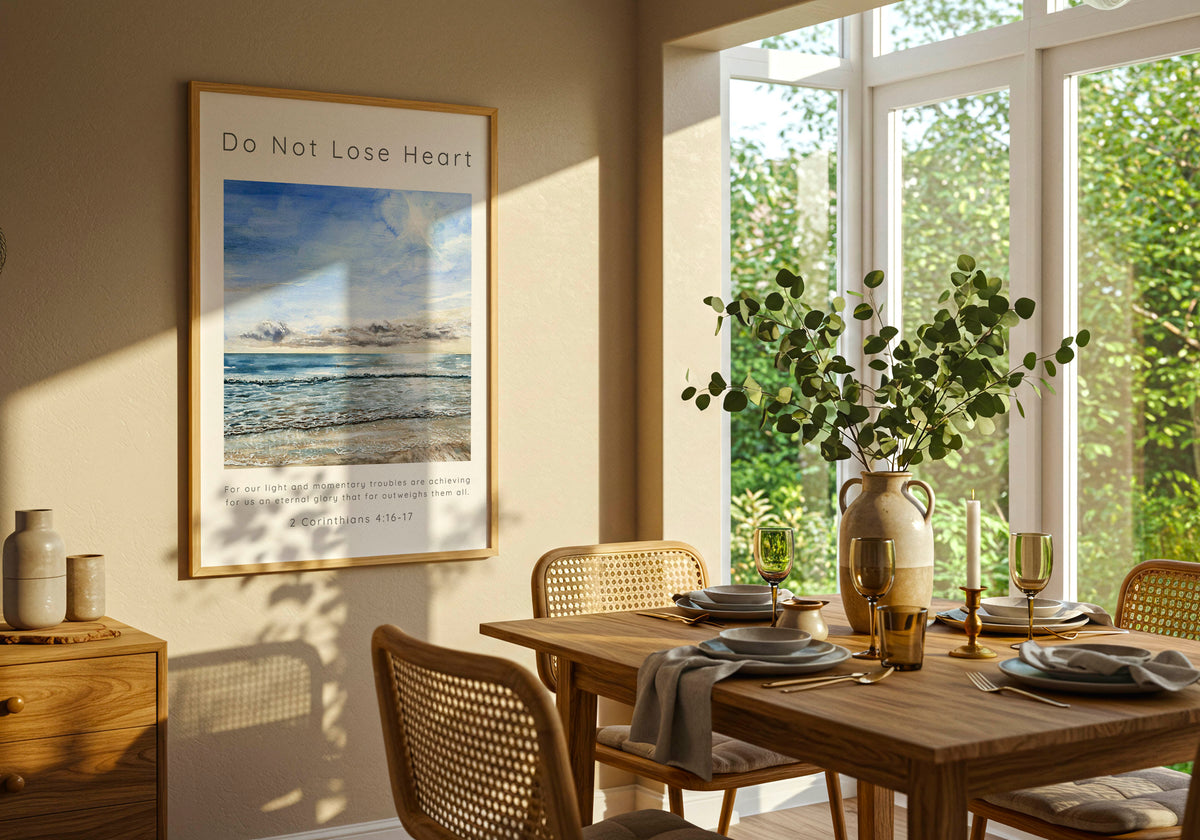 2 Corinthians 4:17 - Do Not Lose Heart print with original watercolour coastal art for Christian home decor.