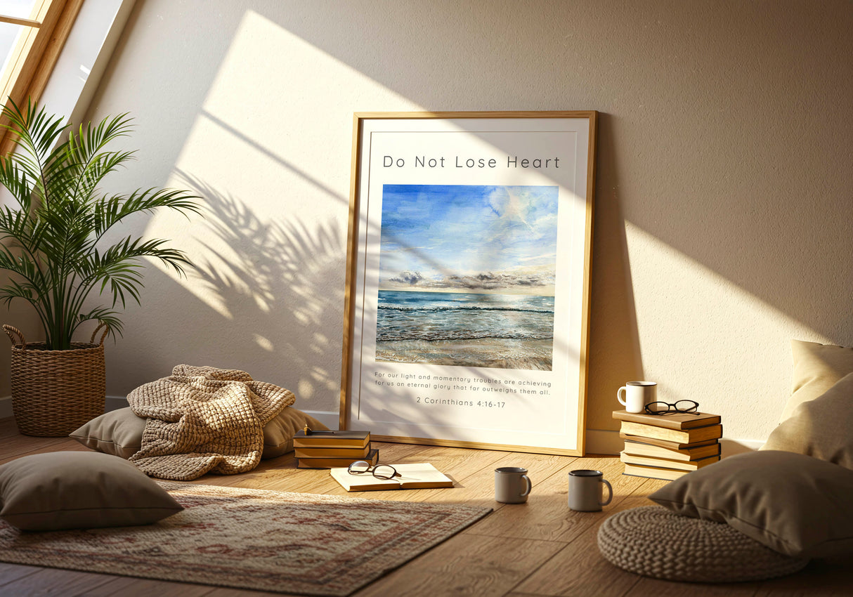 2 Corinthians 4:17 - Scripture wall art with hand-painted beach scene and light momentary troubles verse.