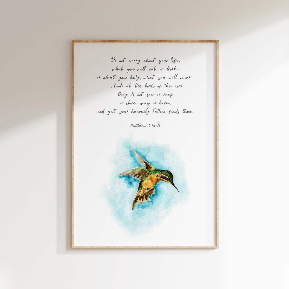 Matthew 6:25-26 - Christian wall art print with look at the birds scripture, turquoise watercolour bird illustration for faith filled home decor.