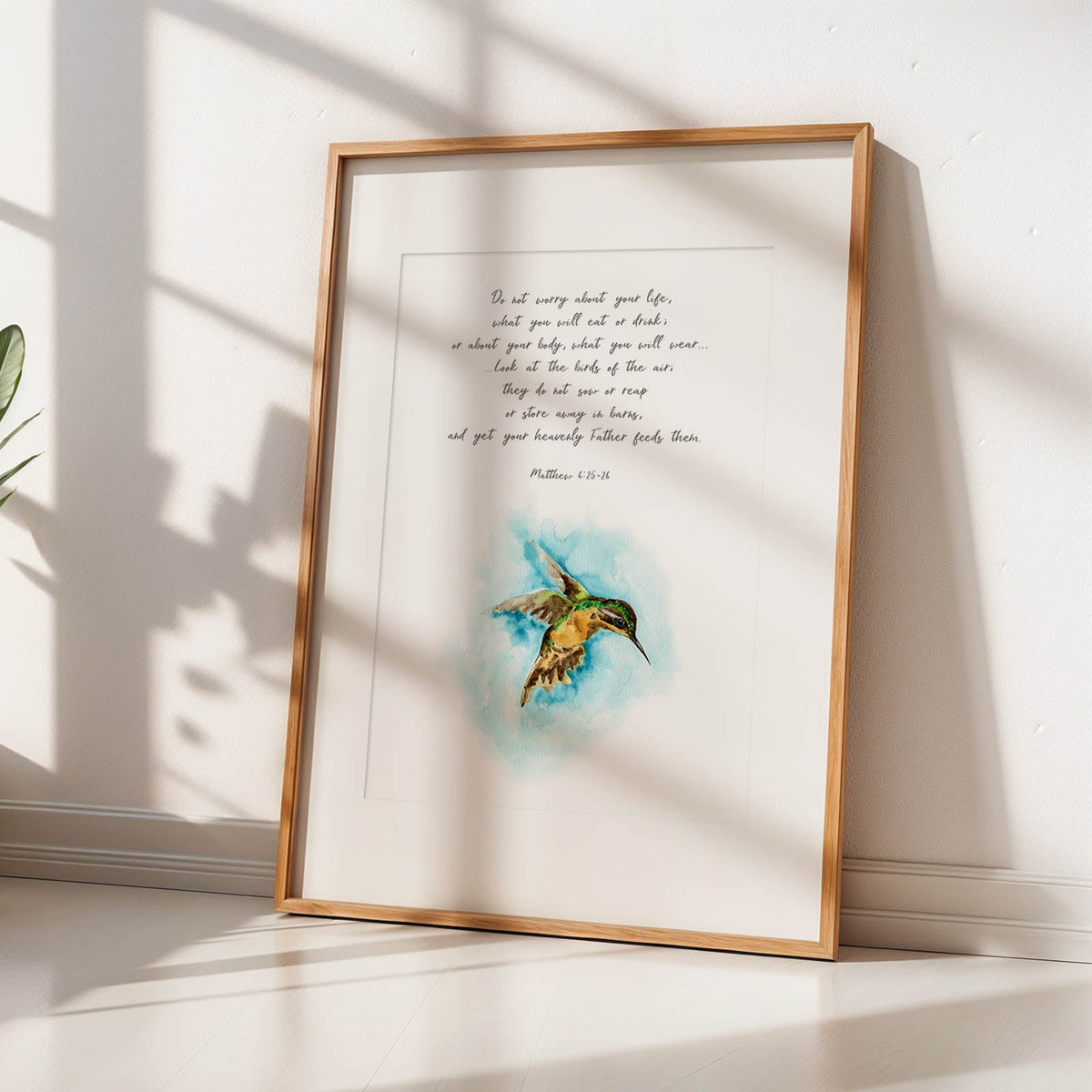 Matthew 6:25-26 - Look at the birds Bible verse print with peaceful watercolour bird design, Christian wall art for trusting God decor.
