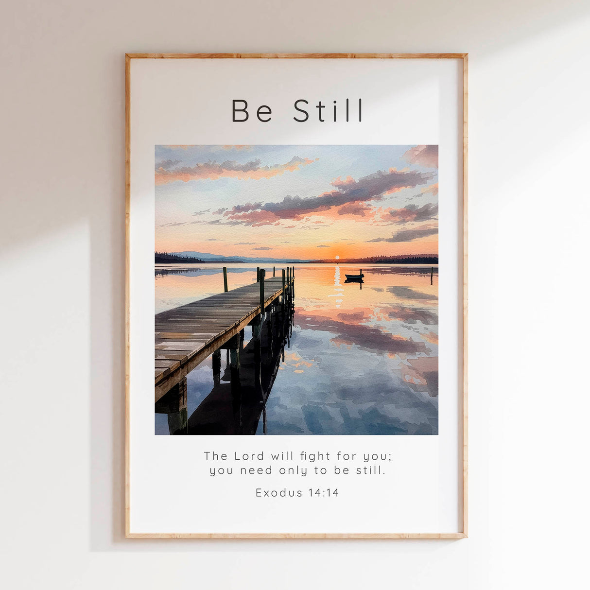 Exodus 14:14 - Be Still Christian artwork with golden sunset reflecting on calm lake water and a distant boat.