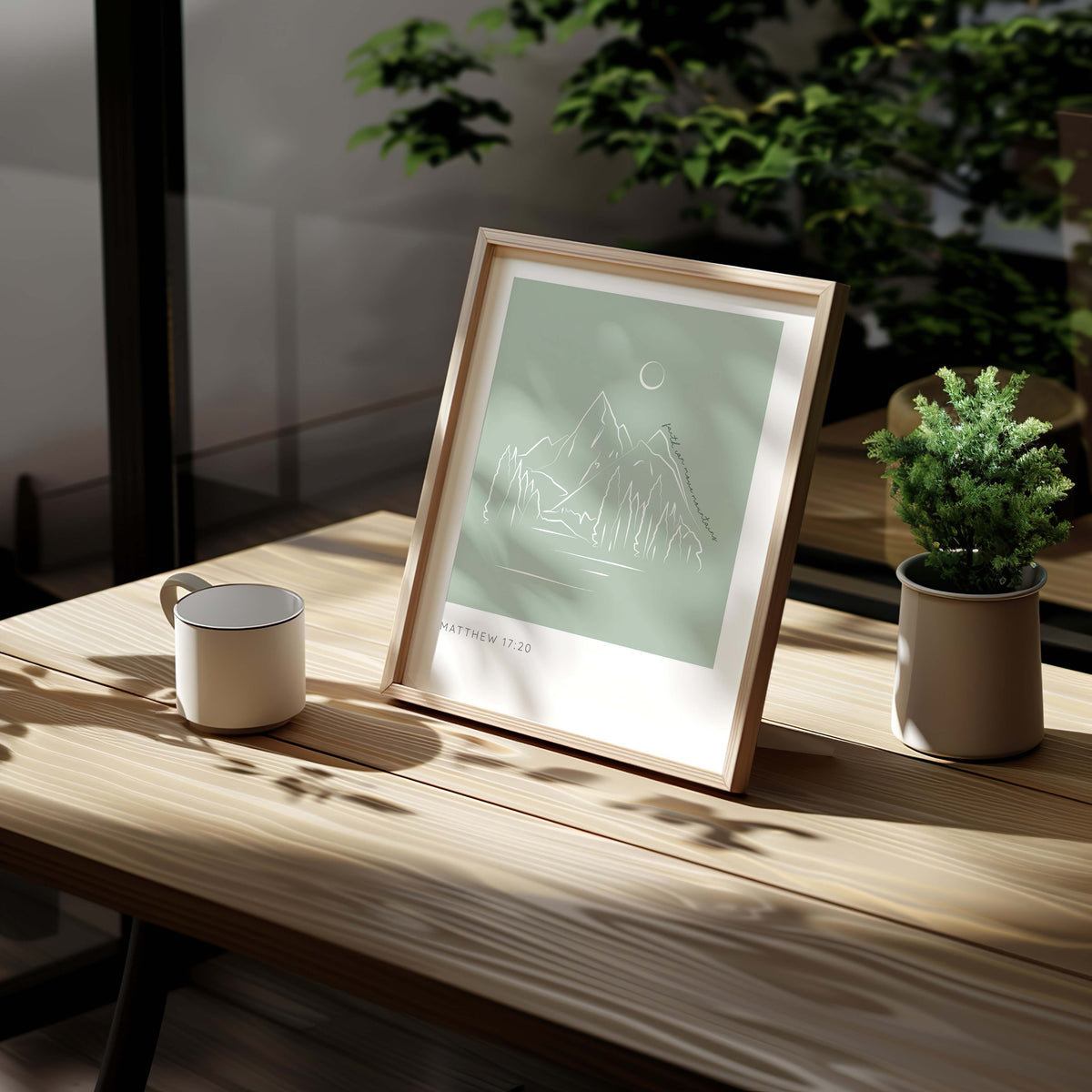 Matthew 17:20 - Christian wall art print with faith can move mountains scripture, serene mountain and forest landscape decor.