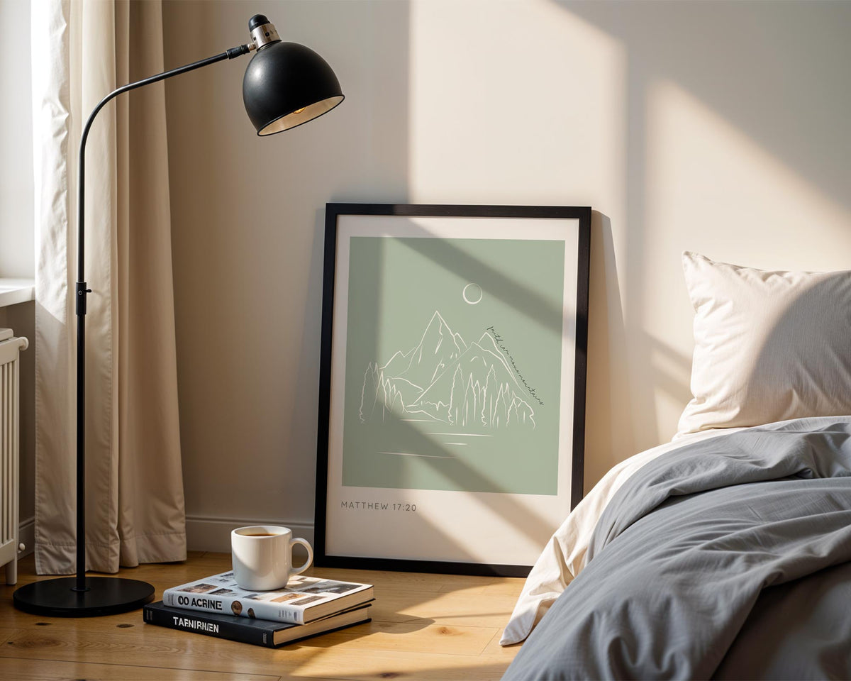 Matthew 17:20 - Faith can move mountains Christian Bible verse wall art with calming green blue background and mountain design.