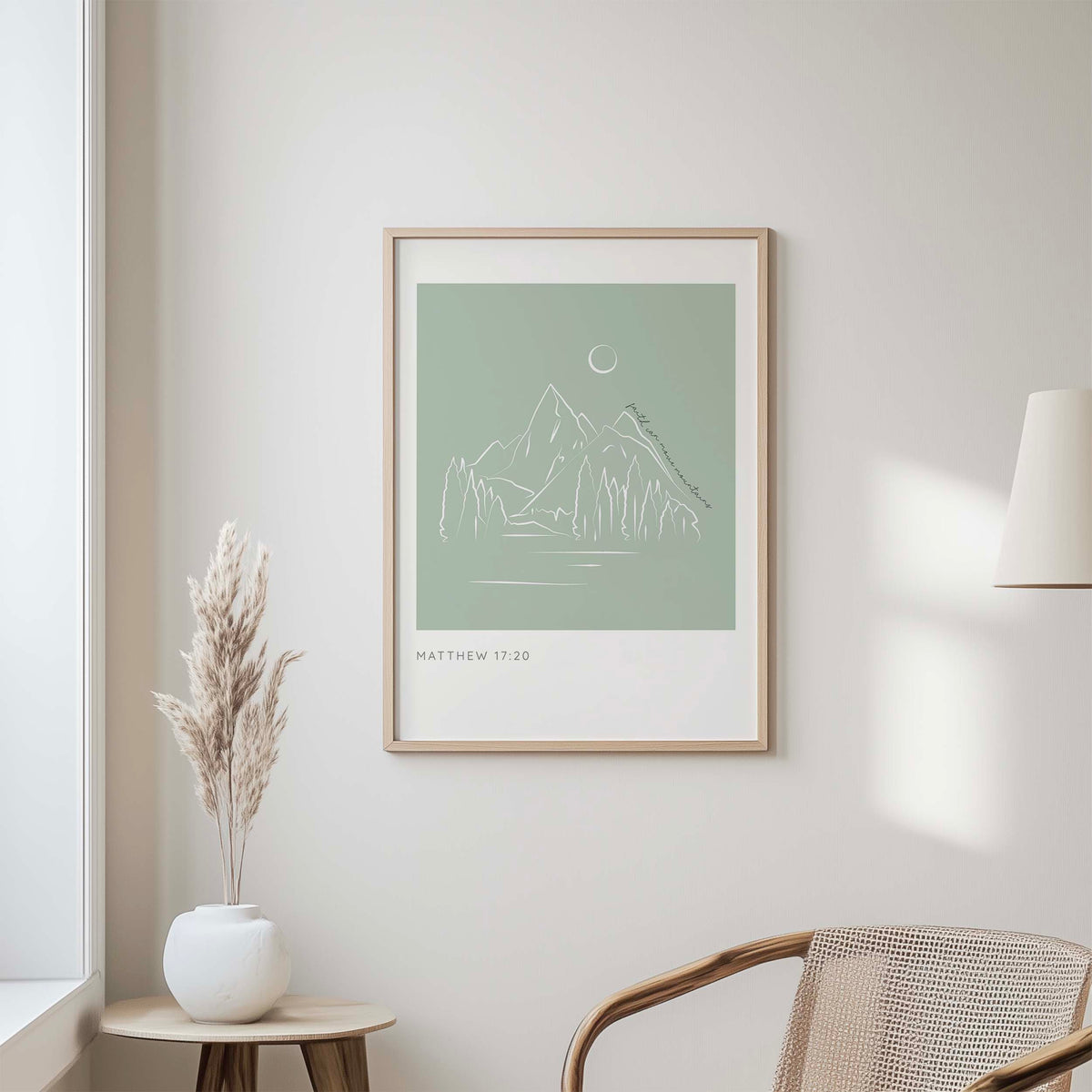Matthew 17:20 - Faith can move mountains Bible verse print with peaceful mountain range and forest illustration, Christian decor.