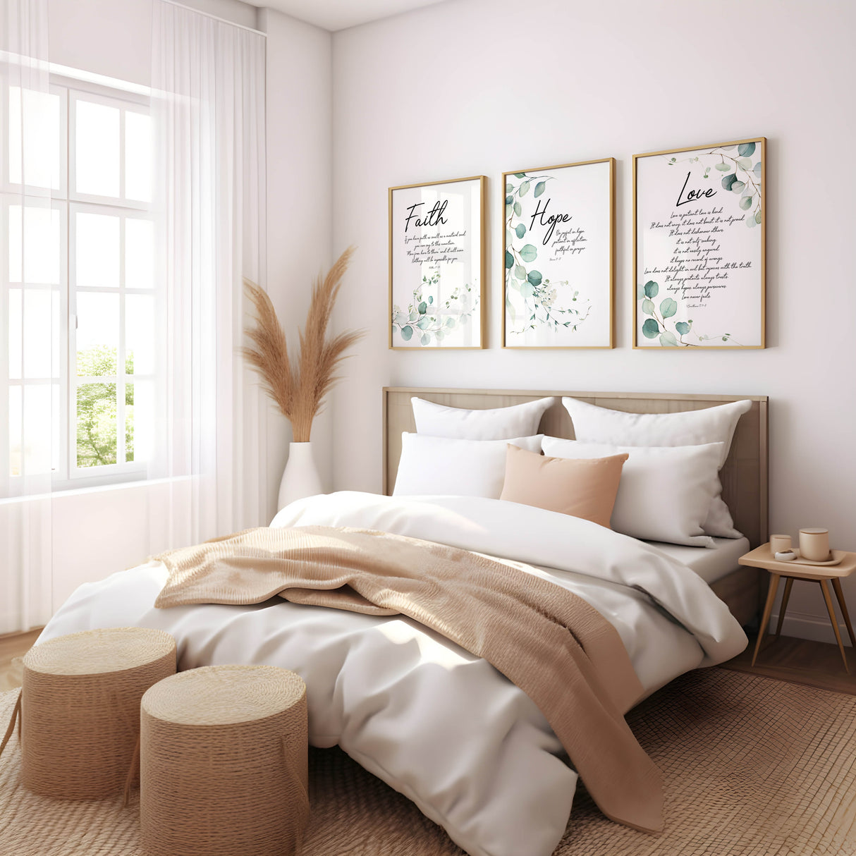 Matthew 17:20, Romans 12:12, 1 Corinthians 13:4–8 – Christian wall art print set of three with minimalist green botanical scripture designs.