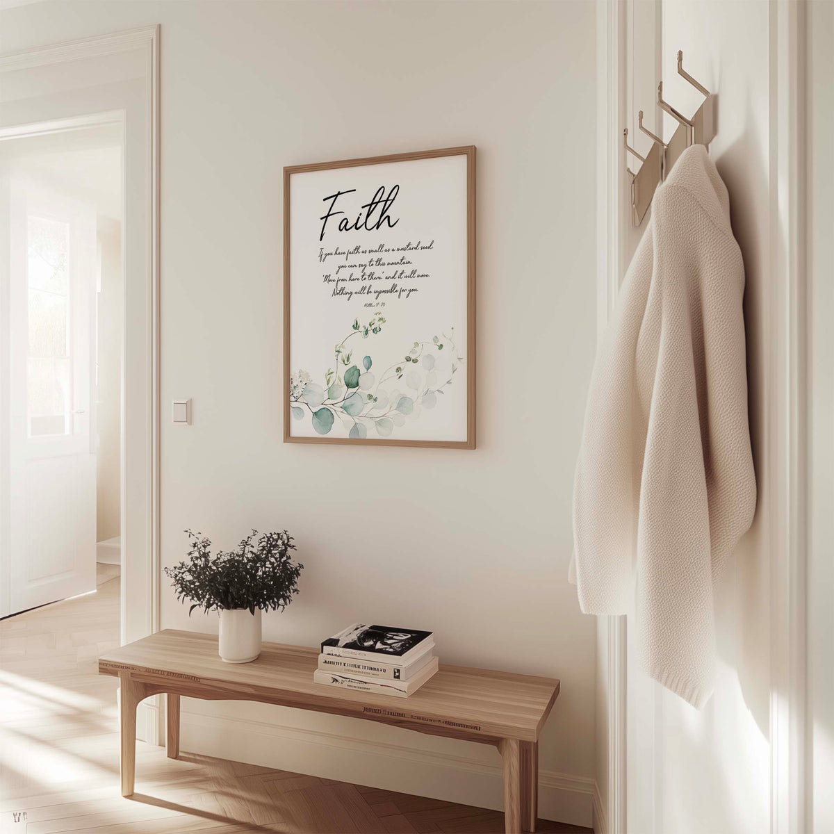 Bible verse wall art displaying Matthew 17:20, set against a soft green leaf botanical background for a calm and uplifting space.