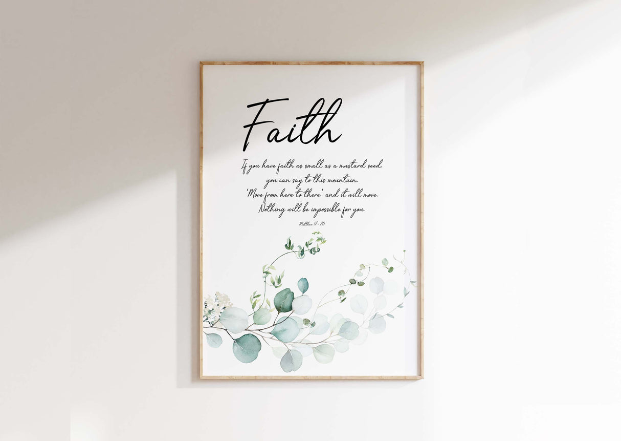 “Faith as small as a mustard seed” Christian art print with delicate green botanical leaves, designed to inspire trust and perseverance.