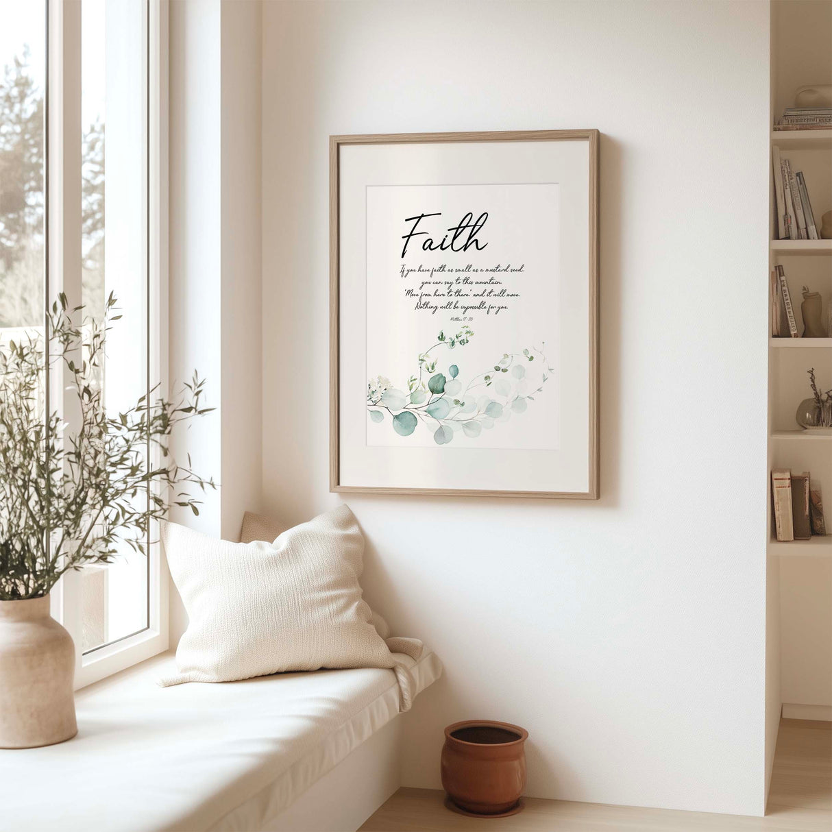Christian wall art print featuring Matthew 17:20 with a minimal green botanical leaf design, inspired by faith as small as a mustard seed.