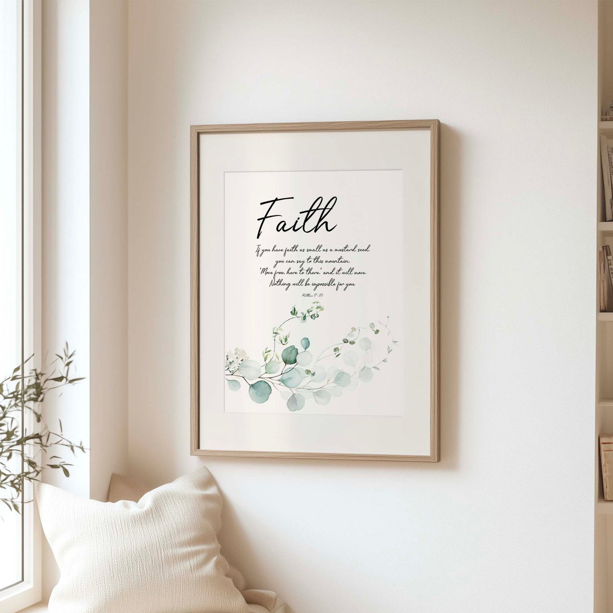 Christian wall art print featuring Matthew 17:20 with a minimal green botanical leaf design, inspired by faith as small as a mustard seed.