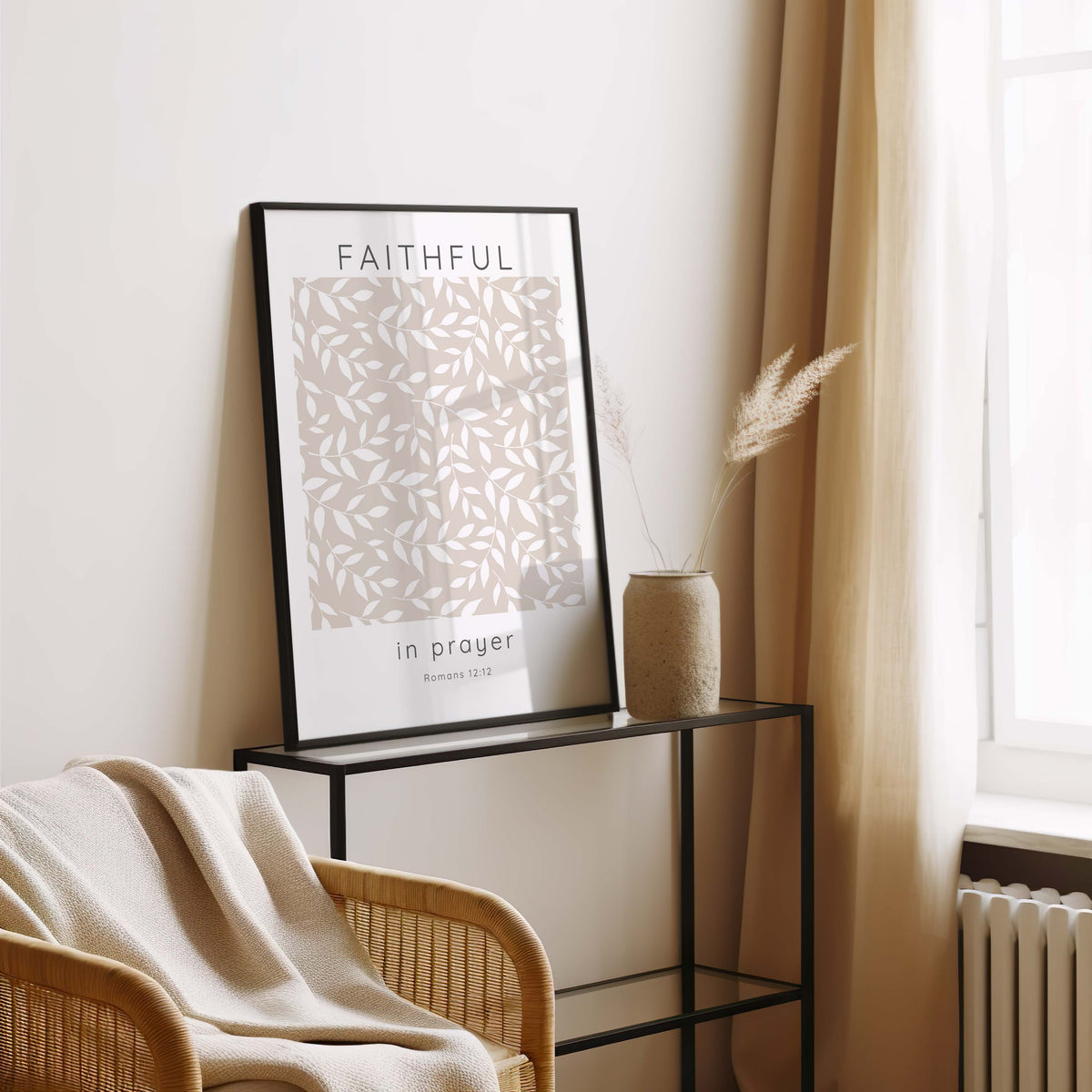 Romans 12:12 – Christian botanical wall art print with neutral tones and inspiring scripture about faith and prayer.