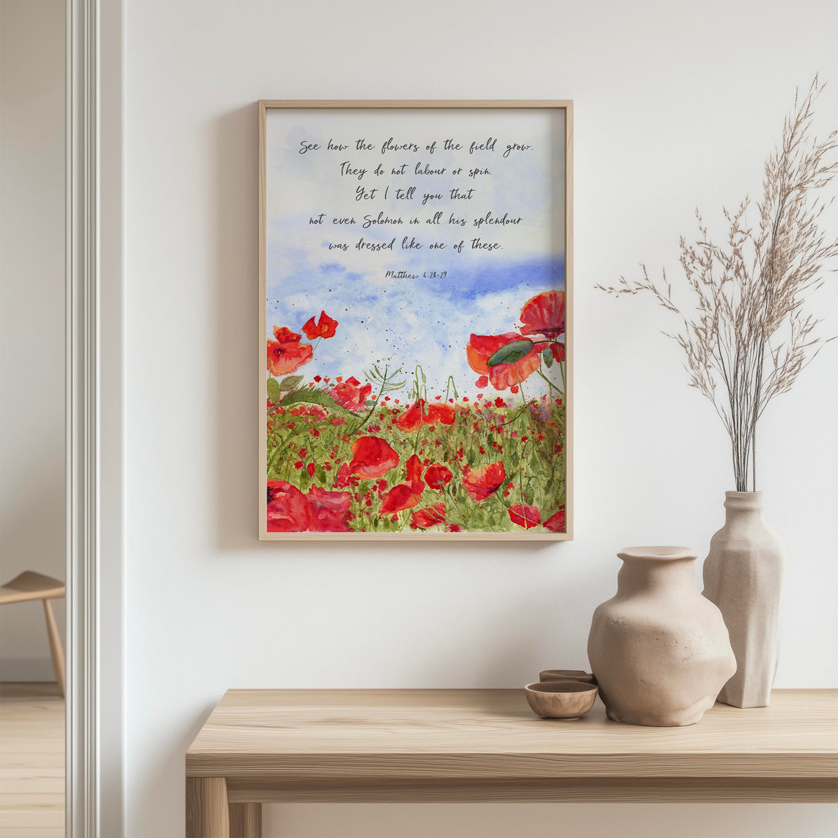 Matthew 6:28–29 – Bible verse print featuring poppy field watercolour design and scripture about trusting God’s provision.
