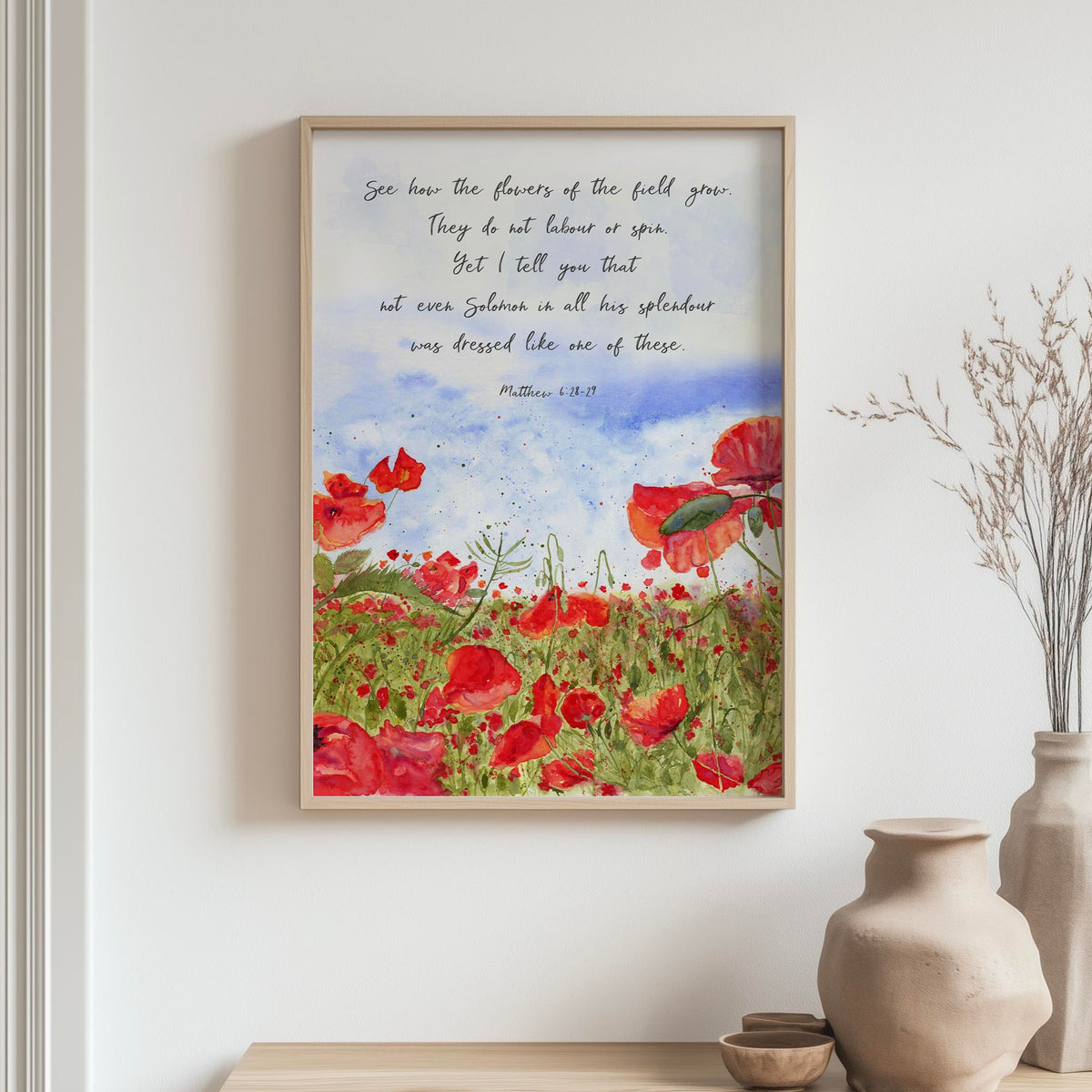 Matthew 6:28–29 – Bible verse print featuring poppy field watercolour design and scripture about trusting God’s provision.