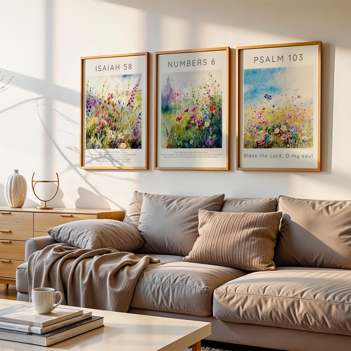 Isaiah 58:11 – Inspirational scripture wall art with meadow theme design.